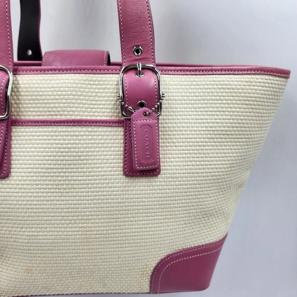 Y2K Coach Woven Straw Tote Bag Pink Leather Trim Buckle Preppy Shoulder Purse